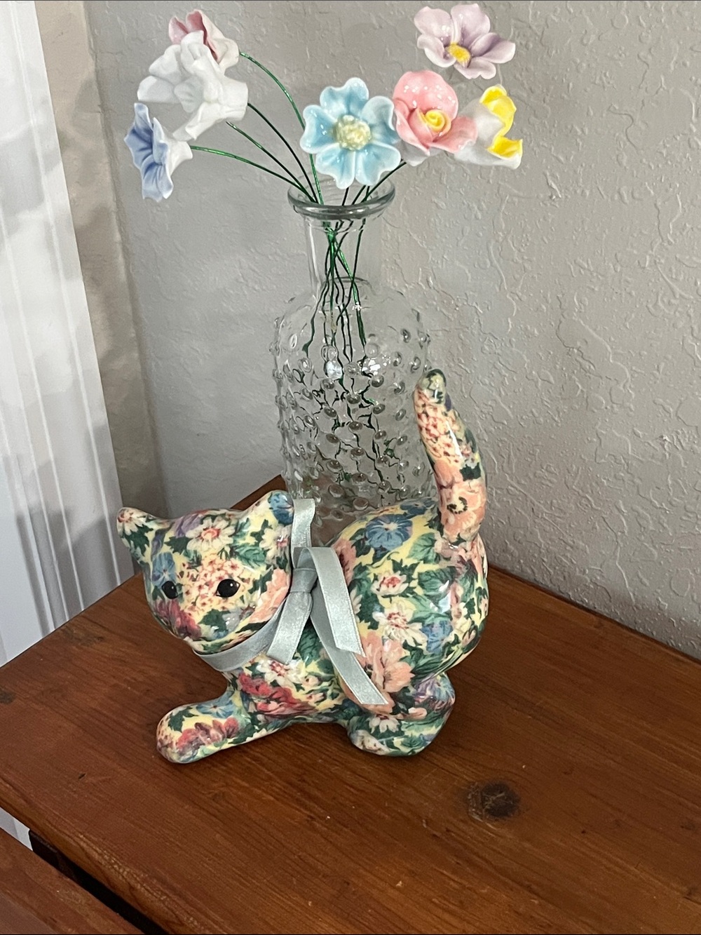 Joan Baker Designs Vintage Floral Ceramic Cat Figurine with Ribbon